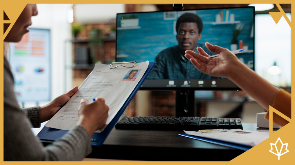 The image shows two employers conducting a video interview with an international candidate. One of the employers is making notes to the resume.