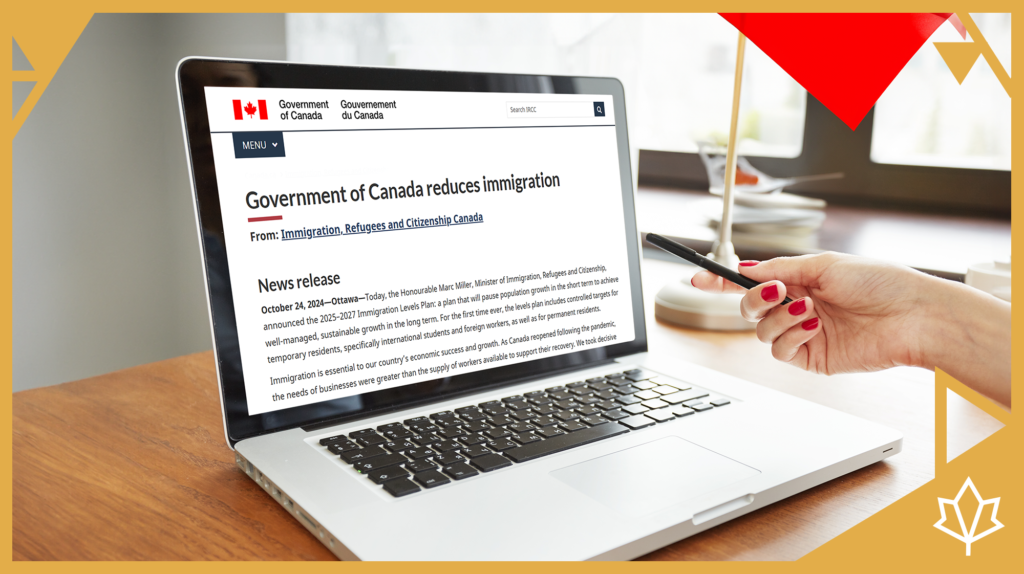 Image shows a laptop with the screen open to the government of Canada website, with a news release about the recent changes to immigration.