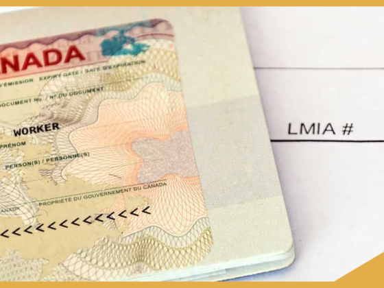 Close up image of a Canadian work permit next to a labour market impact assessment application.