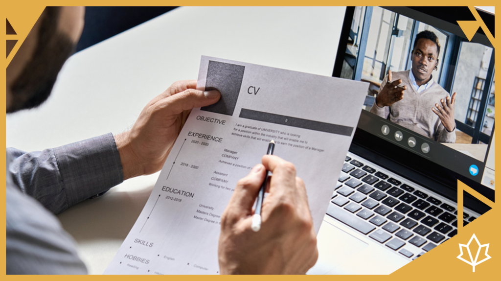 An international recruiter conducts a technical interview with a candidate over video chat, while reviewing the candidate's resume.