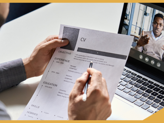 An international recruiter conducts a technical interview with a candidate over video chat, while reviewing the candidate's resume.