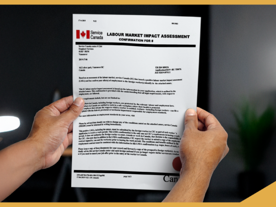 Person holding a Labour Market Impact Assessment (LMIA) confirmation letter issued by Service Canada, with clear text and logos, set against a dark indoor background.