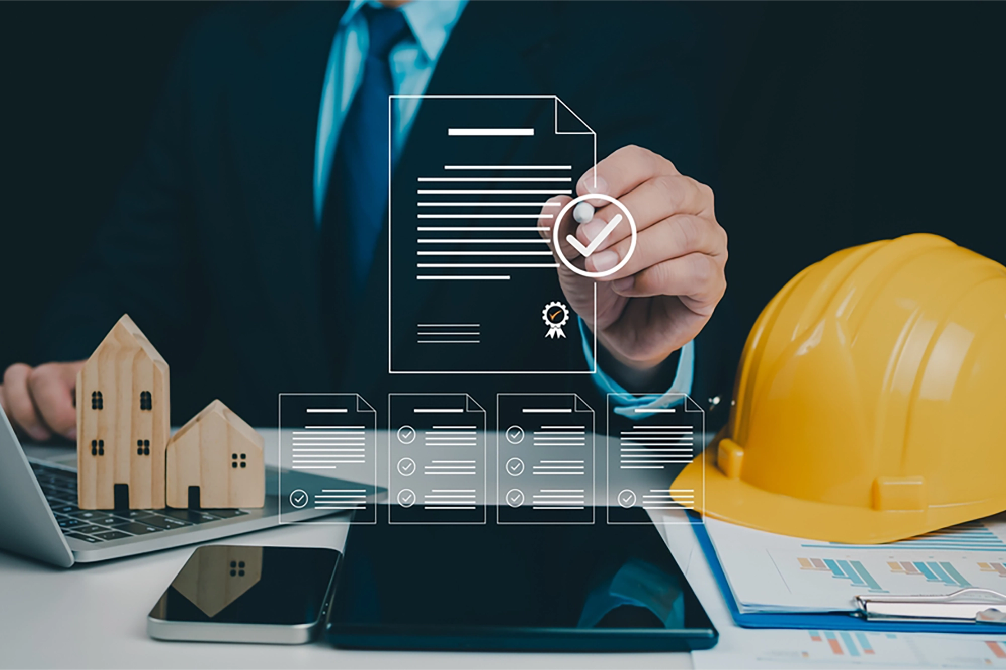 A business professional in a suit pointing at a digital document icon with a checkmark, symbolizing document approval or certification. The desk includes a laptop, smartphone, wooden house models, a yellow hard hat, and charts, representing construction or project management themes