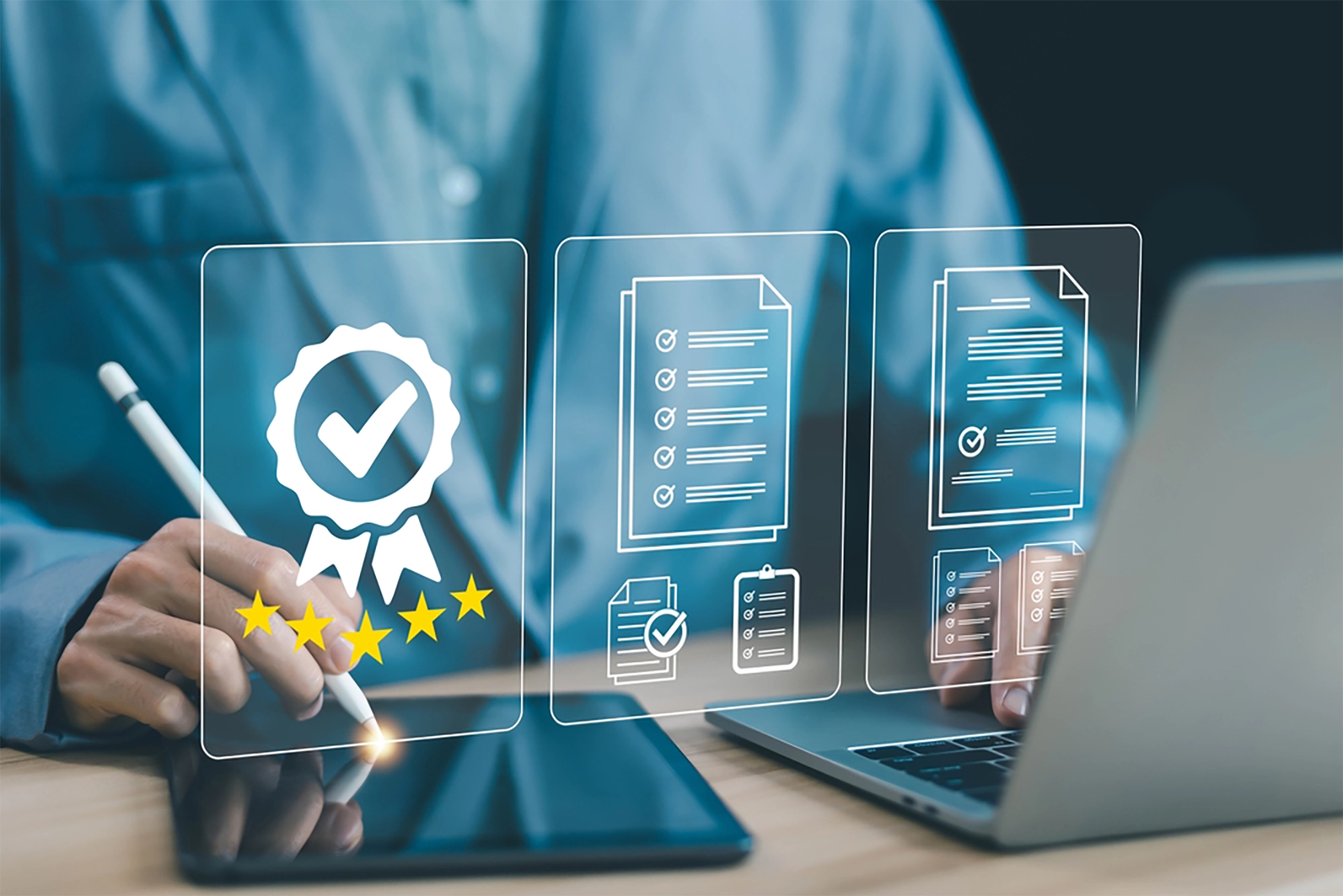 A professional using a tablet with virtual icons for certification, checklists, and approvals, symbolizing verified credentials and structured recruitment processes.