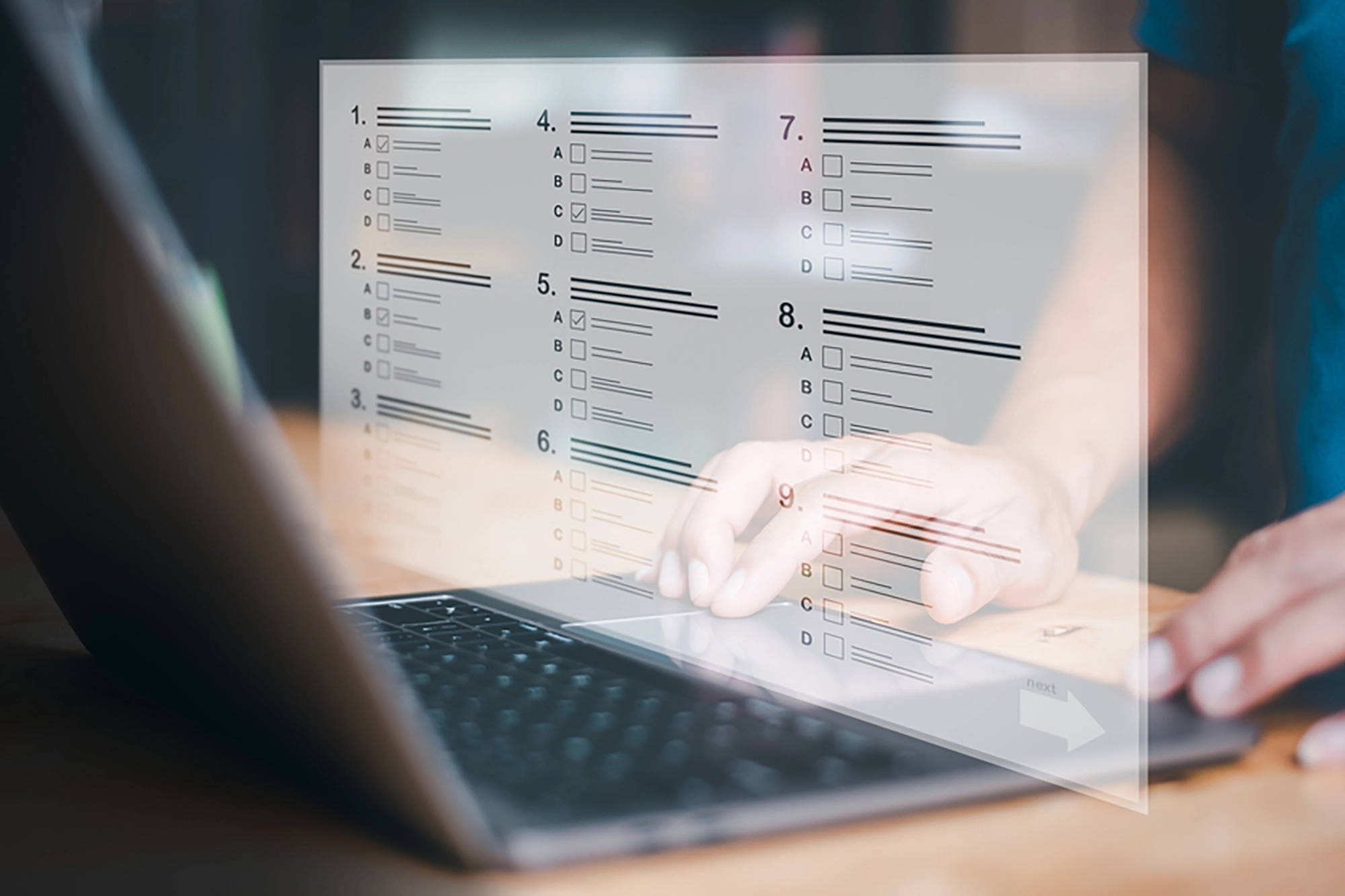 Hands typing on a laptop keyboard with a transparent overlay of a digital recruitment checklist or form featuring numbered sections and multiple-choice options.