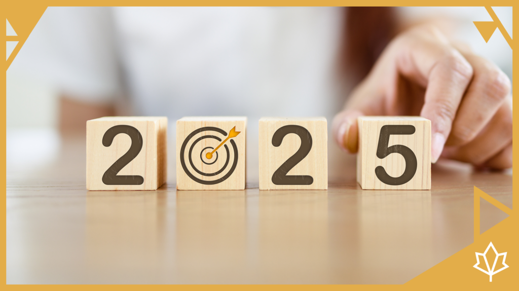 Wooden blocks showing '2025' with a target symbol replacing '0,' symbolizing focus and goals for the year. A hand adjusts the blocks, representing strategic planning and international recruitment goals for the future.